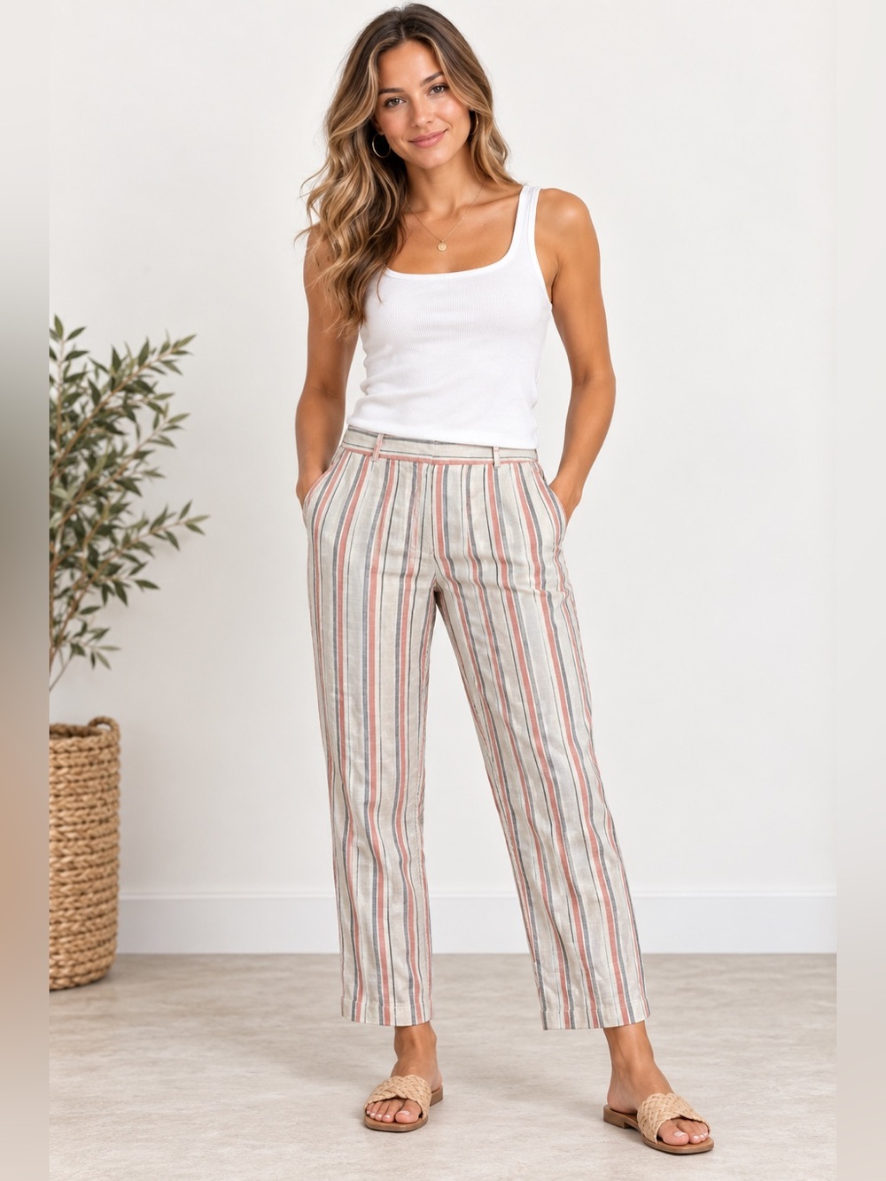 LOFT Ann Taylor Marisa Stripe Linen ankle Crop pant cotton spandex 12 cream blue